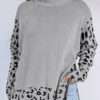 Gray Leopard High Neck Side Slit Oversized Sweater