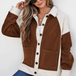 Brown Color Block Patchwork Button Down Fleece Shacket