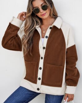 Brown Color Block Patchwork Button Down Fleece Shacket