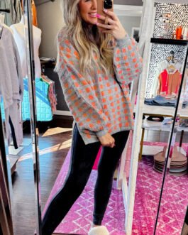 Pink Checkered Oversized Side Slit Sweater
