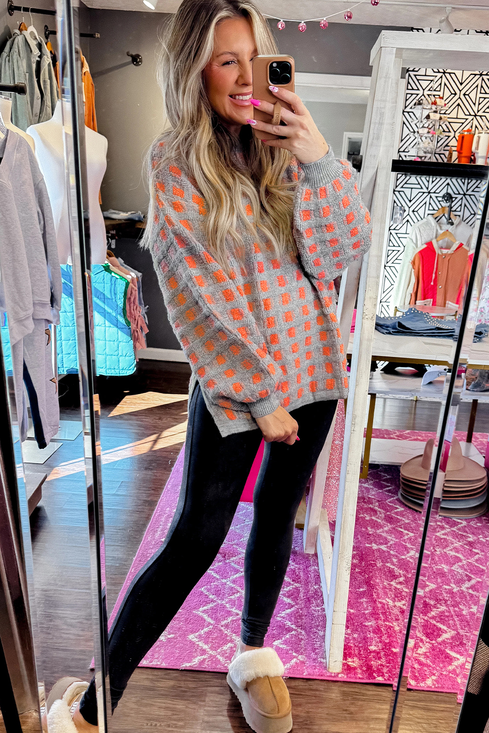 Pink Checkered Oversized Side Slit Sweater - Image 2