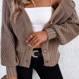 Goat Mixed Texture Knit Button V Neck Sweater Cardigan