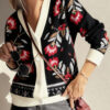 Beige Floral Print Buttoned Front V Neck Knit Cardigan