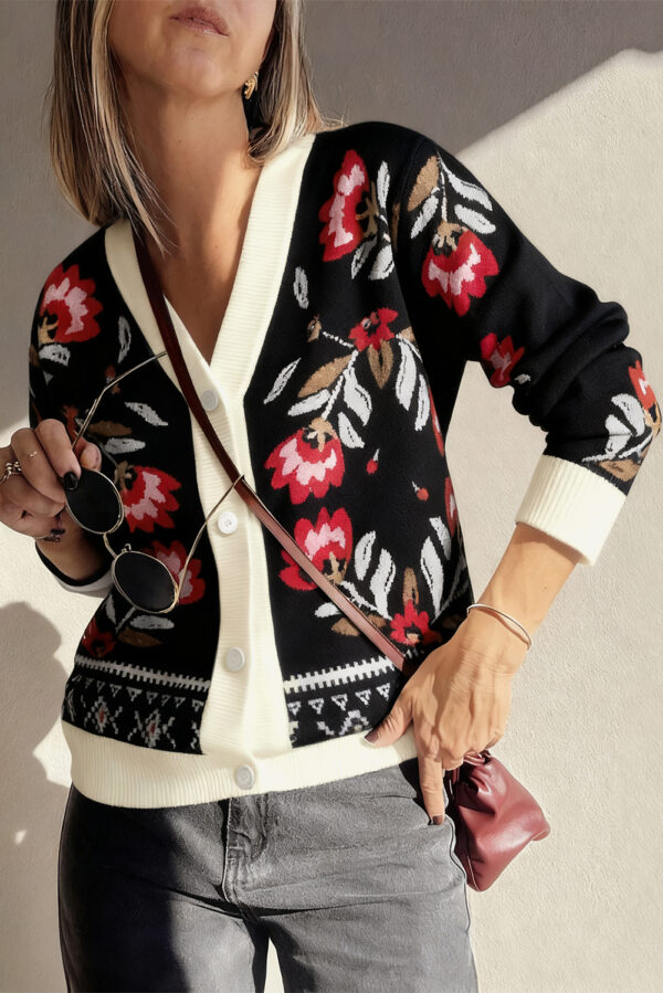 Beige Floral Print Buttoned Front V Neck Knit Cardigan