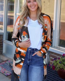 Orange Western Tribal Aztec Print Cardigan