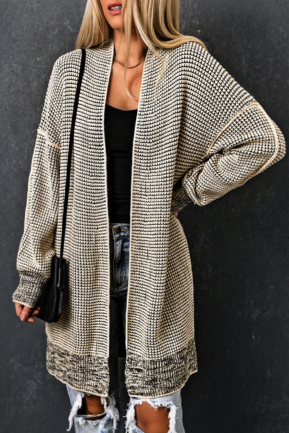 Apricot Plaid Knitted Long Open Front Cardigan - Image 3