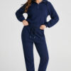 Navy Blue Ribbed Knit Cropped Hoodie and Drawstring Joggers Set