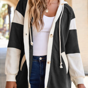 Black Waffle Contrast Knit Color Block Patchwork Button Front Oversize Hoodie