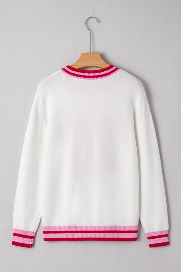 White Striped Trim Bow Graphic Round Neck Drop Shoulder Sweater