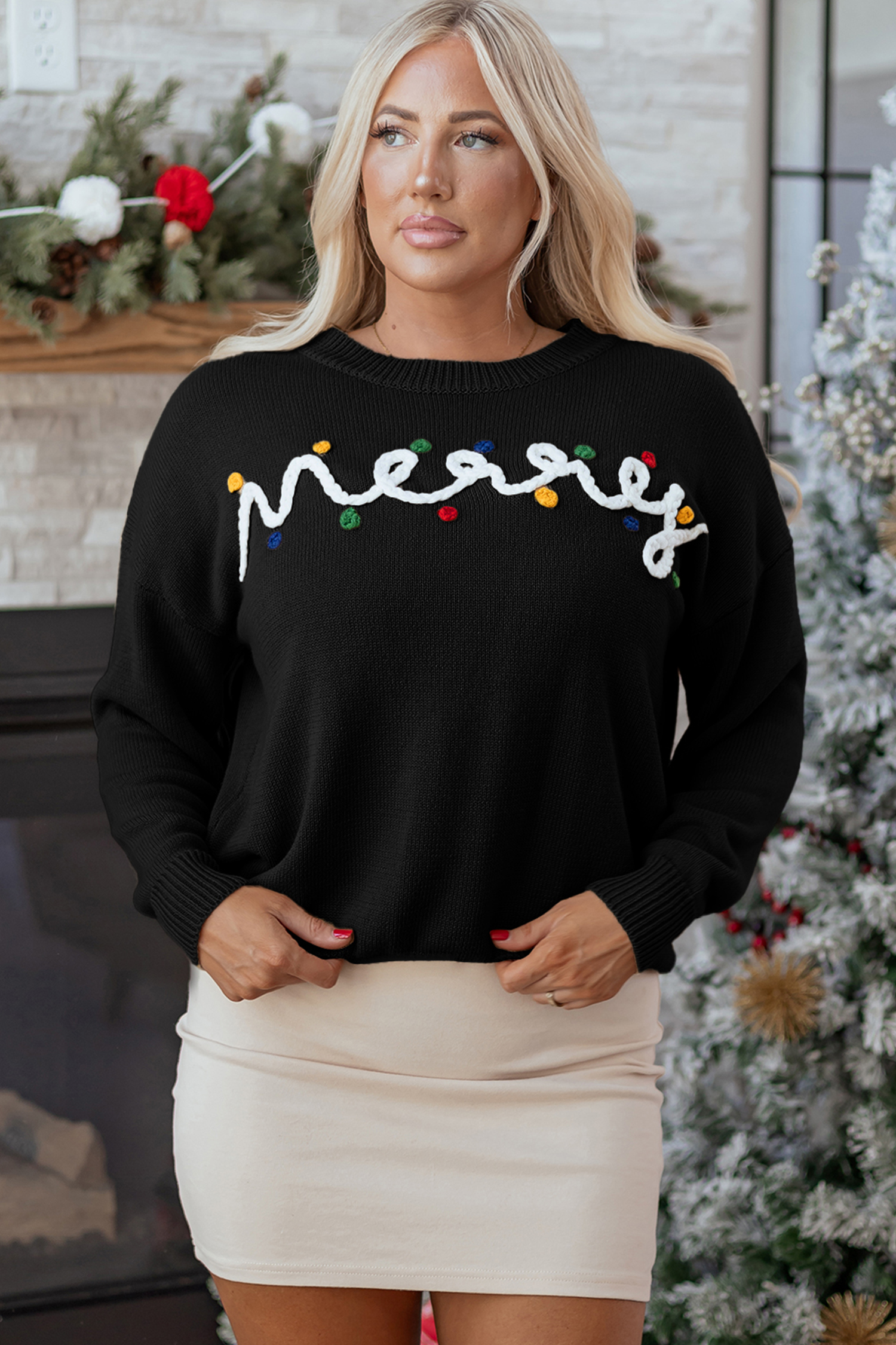 Black Merry Colorful Dot Detail Christmas Drop Shoulder Sweater