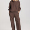 Dark Brown Solid Collared Sweatshirt and High Waist Pants Active Set