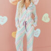 White Pride Heart Print Valentines Long 2pcs Pajama Set