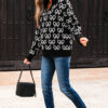 Black Cute Bow Pattern Drop Shoulder Zipped Collar Sweater