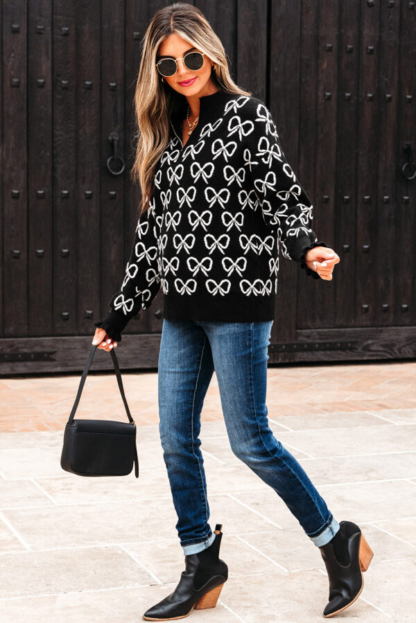 Black Cute Bow Pattern Drop Shoulder Zipped Collar Sweater