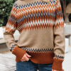 Khaki Aztec Print Colorblock Crew Neck Sweater