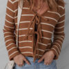 Chestnut Tie Front Striped Knit V Neck Cardigan Sweater