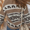 Dark Khaki Ethnic Geometric Pattern Button Front V Neck Sweater Cardigan