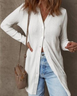 White Solid Color Ribbed Button up Tunic Cardigan