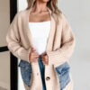Smoke Gray Open Front Knitted Denim Pocket Patchwork Cardigan