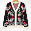 Beige Floral Print Buttoned Front V Neck Knit Cardigan