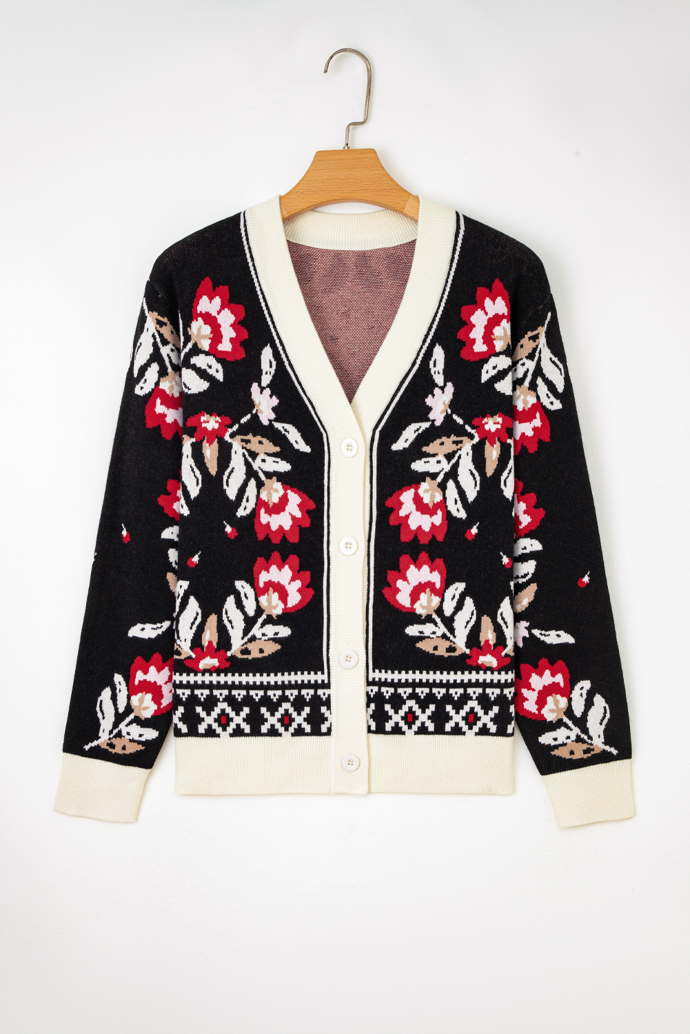 Beige Floral Print Buttoned Front V Neck Knit Cardigan - Image 5