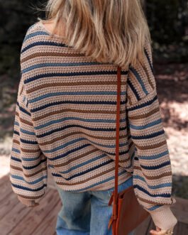 Multicolour Striped Knitted Drop Shoulder Round Neck Sweater