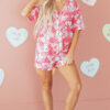 Pink Heart Print Shirt Style Silky Short Pajama Set