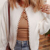 White Pearl Embellished Open Front Elegant Cardigan