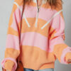 Orange Stripe Colorblock Half Zip Oversize Sweater