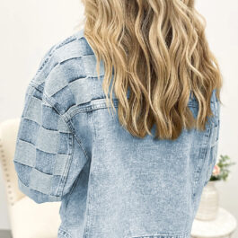 Beau Blue Denim Checkered Pattern Patchwork Womens Casual Jacket