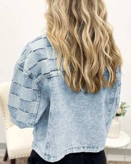 Beau Blue Denim Checkered Pattern Patchwork Womens Casual Jacket