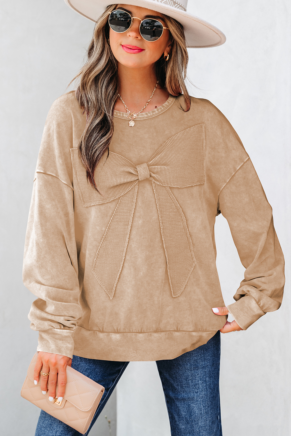 Orchid Bouquet Mineral Wash Big Bow Patchwork Pullover Sweatshirt - Image 7