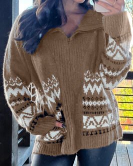 Brown Western Printed Ribbed Trim Collared Zip up Cardigan