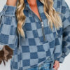 Sky Blue Checkerboard Zipped Neck Kangaroo Pocket Denim Hoodie