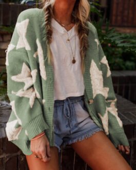 Green Sherpa Star Pattern Textured Sweater Cardigan with Pockets