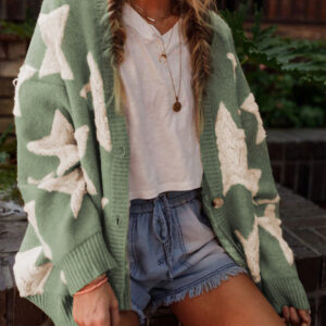 Green Sherpa Star Pattern Textured Sweater Cardigan with Pockets