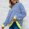 Rose Stripe Contrast Ribbed Trim Crossed Stitch Drop Shoulder Sweatshirt