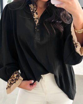 Black Contrast Leopard Print Patchwork Polo Collar Buttons Front Ruffled Long Sleeve Blouse
