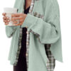 Grass Green Plaid Patchwork Waffle Thermal Knit Shacket