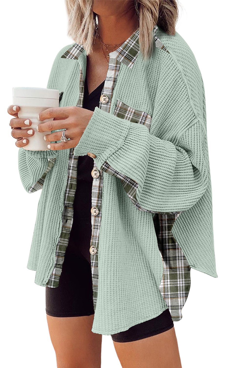 Grass Green Plaid Patchwork Waffle Thermal Knit Shacket - Image 4