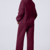 Burgundy Drop Shoulder Zip Up Jacket Drawstring Pants Active 2pcs Set