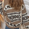 Dark Khaki Ethnic Geometric Pattern Button Front V Neck Sweater Cardigan