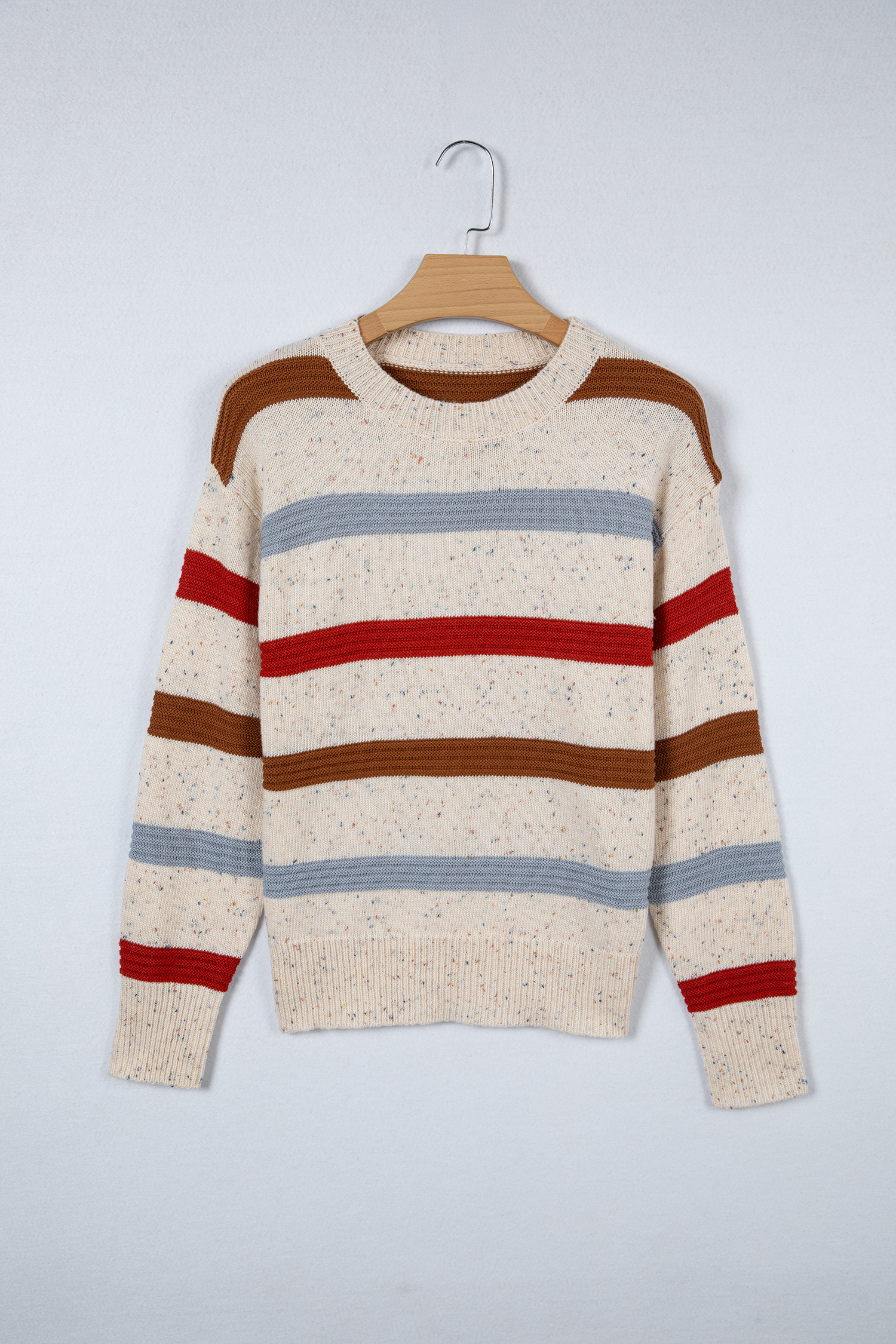 Beige Stripe Exposed Seam Drop Shoulder Heathered Knit Sweater - Image 4