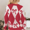 Black Bow Print 2-tone Rhombus Knit Loose Sweater