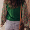 Apricot Floral Patchwork Shirred Cuff Puff Sleeve Sweater