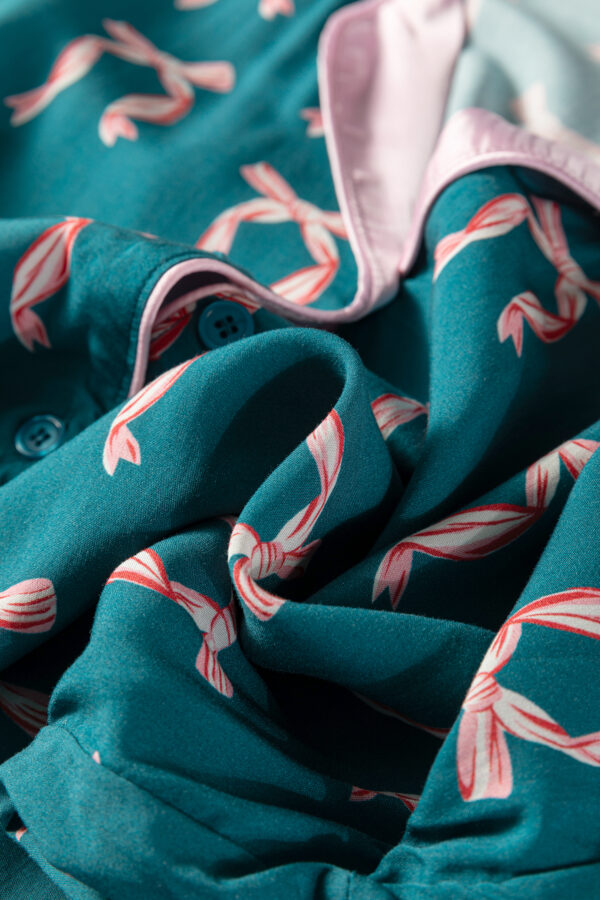 Green Ribbon Bow Print Silky Long Sleeve Shirt and Shorts 2pcs Pajama Set