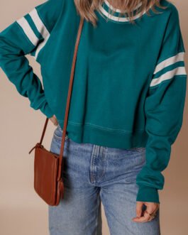 Blackish Green Contrast Striped Patchwork Round Neck Drop Shoulder Sweatshirt
