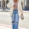 Beige Solid Color Knit Lapel Collar Single Button Sweater Cardigan