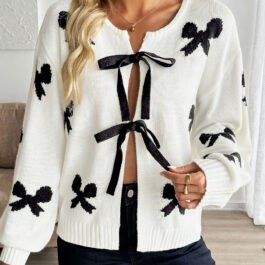White Lace-up Bow Pattern Sweater Cardigan