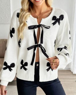 White Lace-up Bow Pattern Sweater Cardigan
